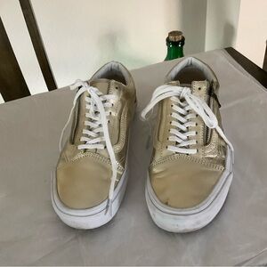 Vans Old Skool Sneakers Shoes Side Zip Lace Up Gold Leather Metallic Sz 8.5